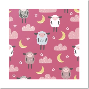 Sweet sleeping sheep pattern pink Posters and Art